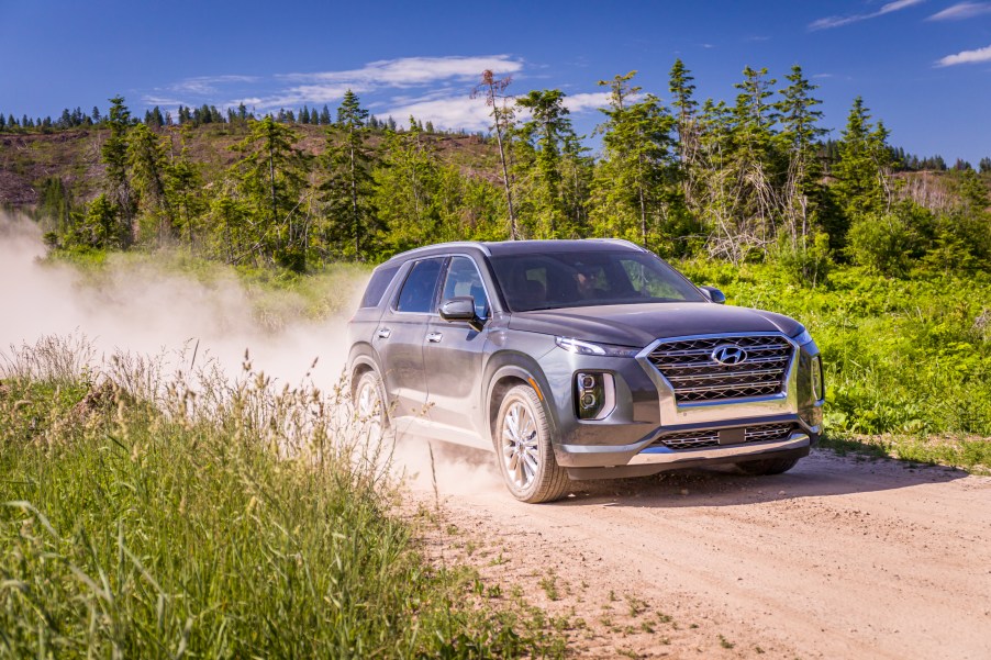 Hyundai Palisade driving down dirt road