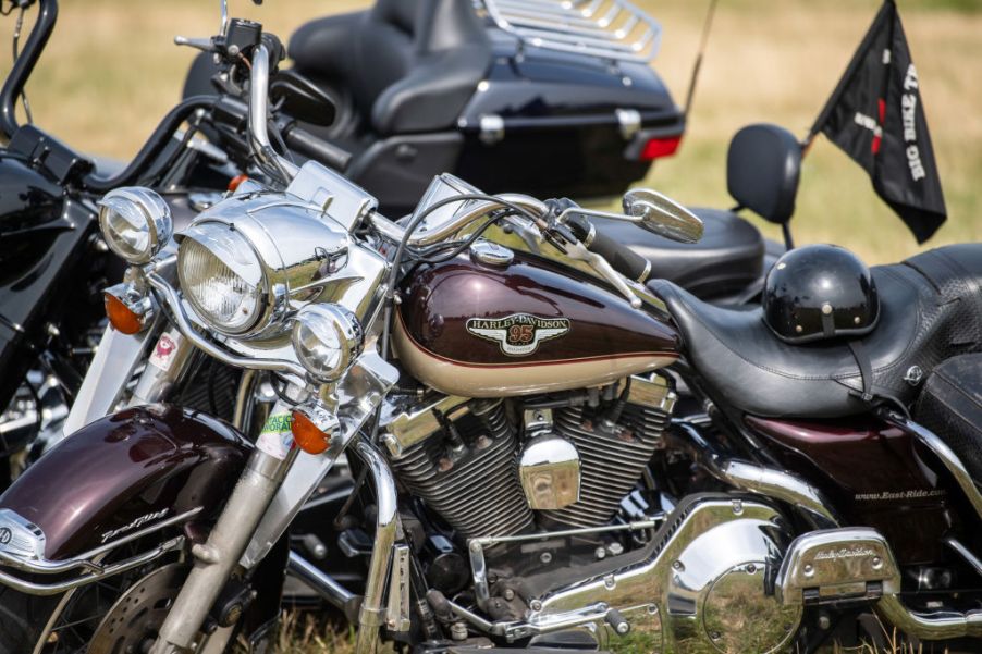 Harley-Davidson motorcycles parked for a press shoot.