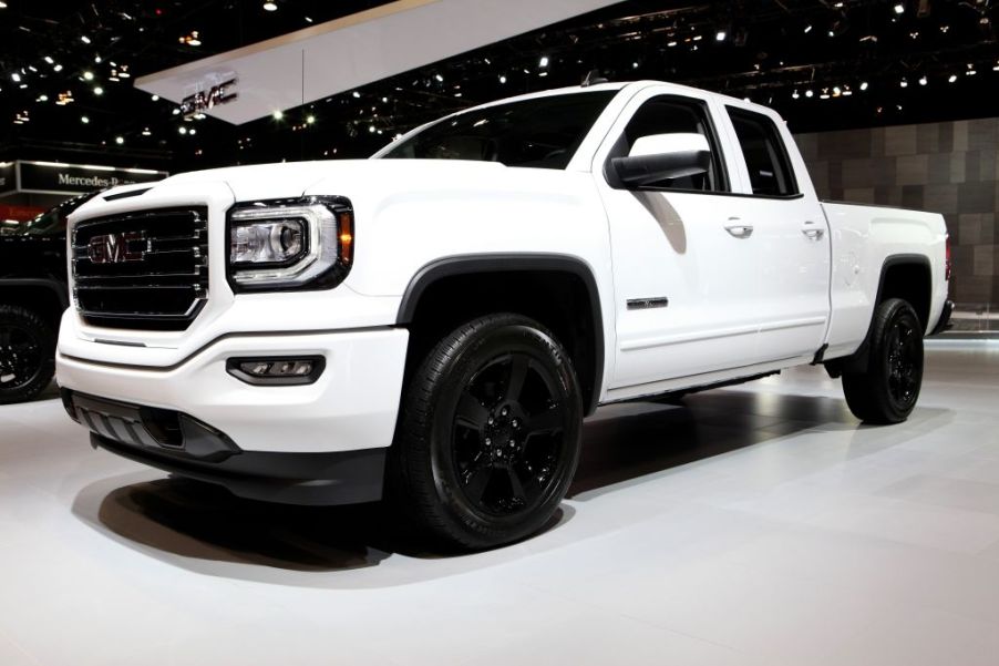 A white GMC Sierra on display