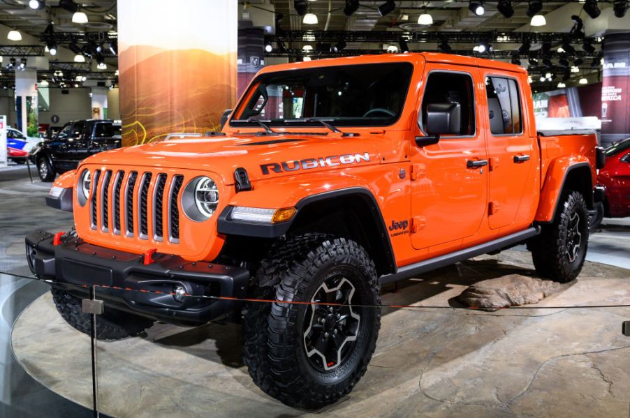 Jeep Gladiator Rubicon in a bright orange color at the New York International Auto Show