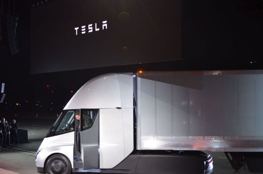 Elon Musk of Tesla shows off the company's new semi electric truck.