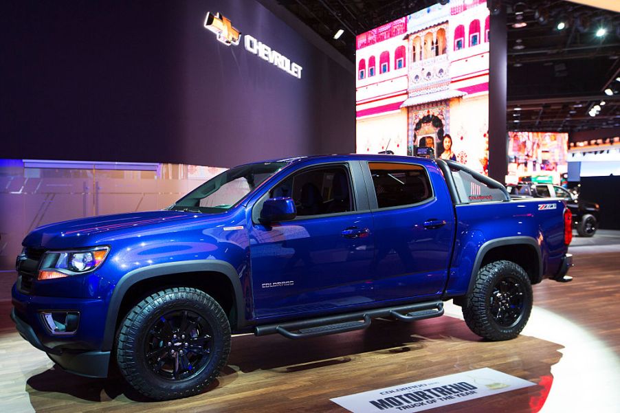 A Chevrolet Colorado on display at an auto show.