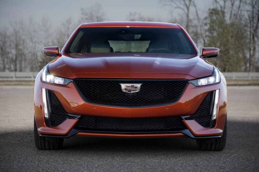 A red 2020 Cadillac CT5-V is viewed head-on