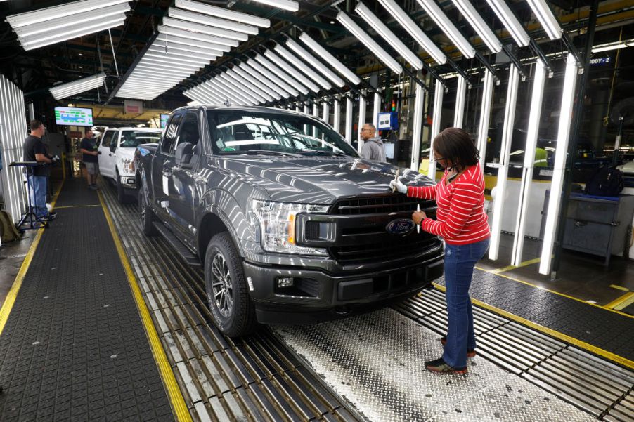 Ford F-150 trucks at the customer acceptance line at the Ford Dearborn Truck Plant