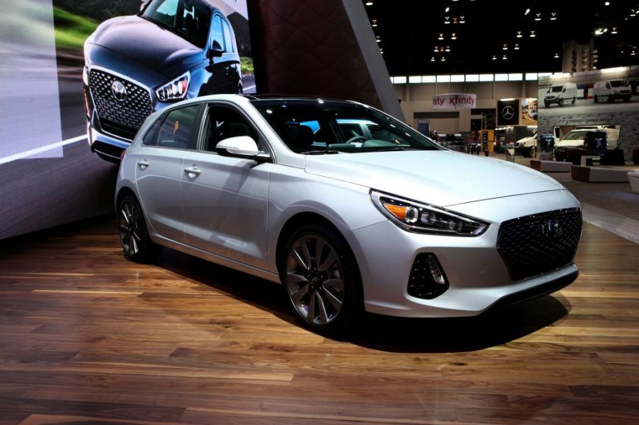 A Hyundai Elantra on display at an auto show