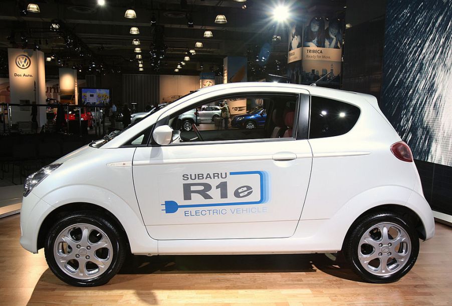 A Subaru electric car on display