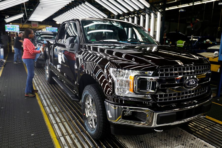 Ford F150 trucks go through the customer acceptance line at the Ford Dearborn Truck Plant