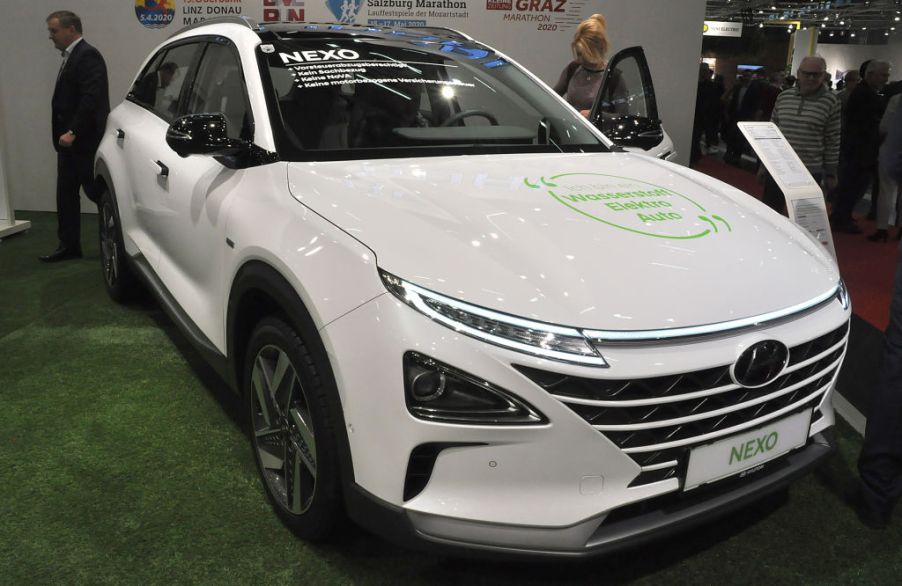 A Hyundai Nexo is seen during the Vienna Car Show press preview at Messe Wien