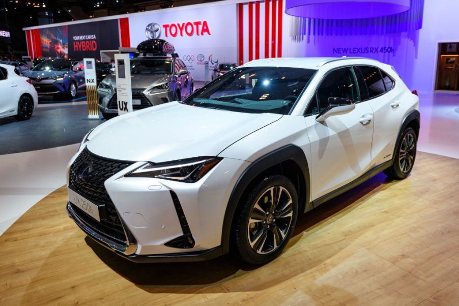 A new Lexus UX SUV on display at an auto show