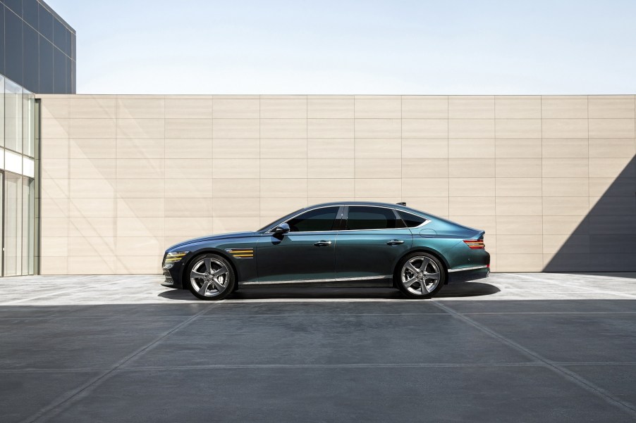 Sideview of 2021 Genesis G80 in a parking deck.