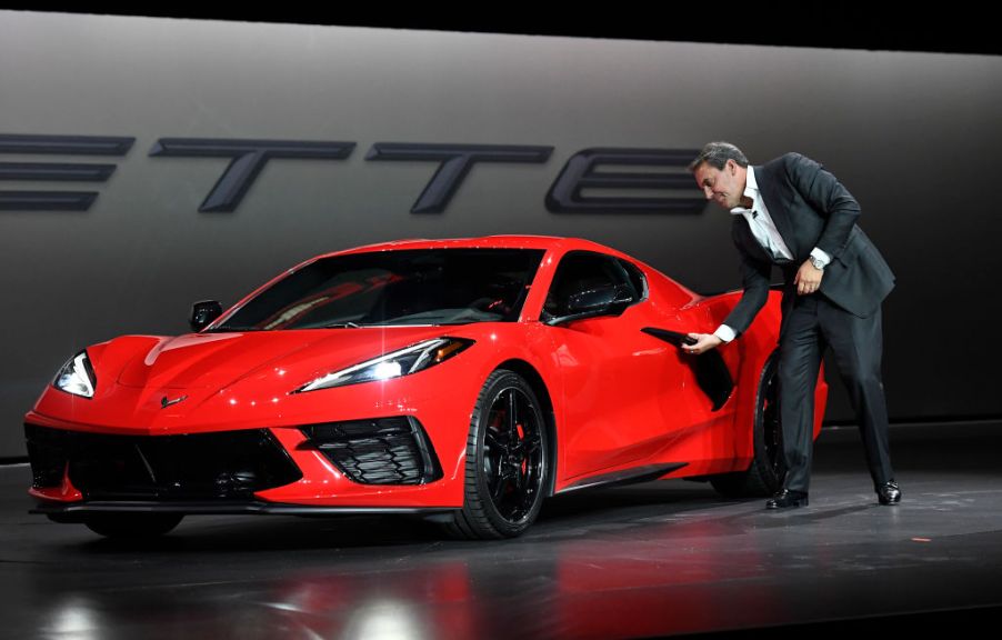 Mark Reuss, president of General Motors Company, unveils the 2020 mid-engine C8 Corvette Stingray during a news conference