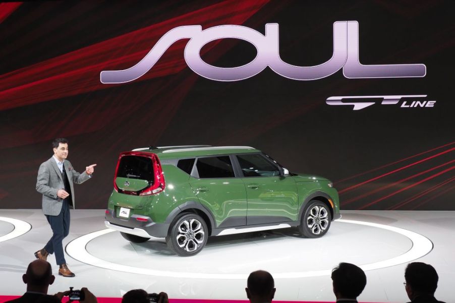 Kia introducing the 2020 Soul at an auto show