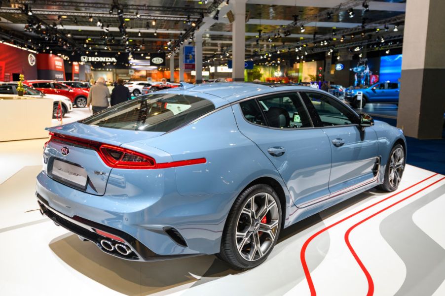 Kia Stinger compact executive 4-door fastback on display at Brussels Expo