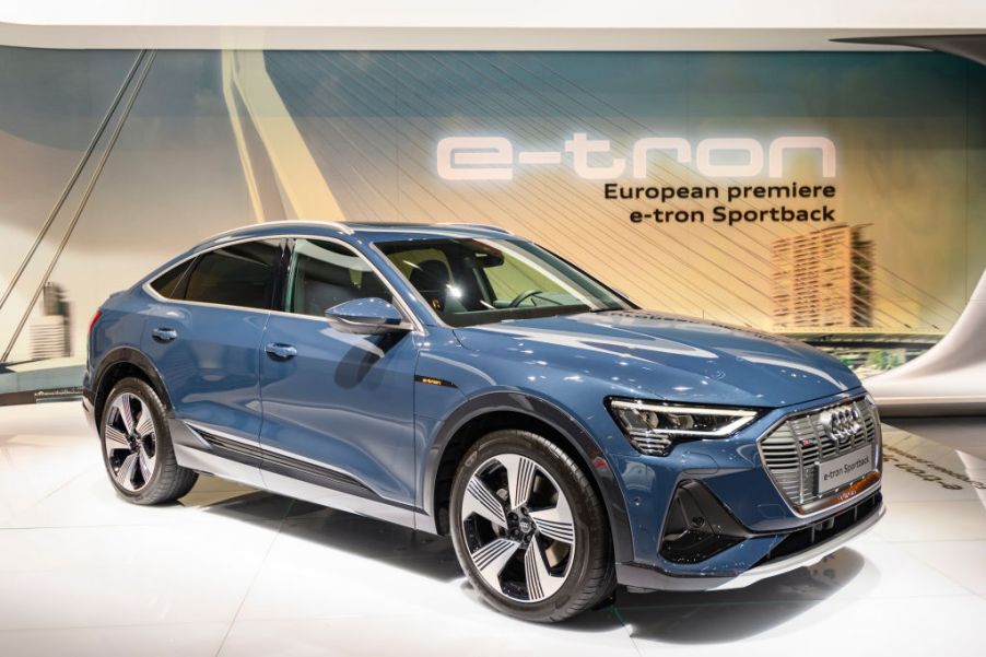 Audi e-tron Sportback full electric luxury crossover SUV car on display at Brussels Expo