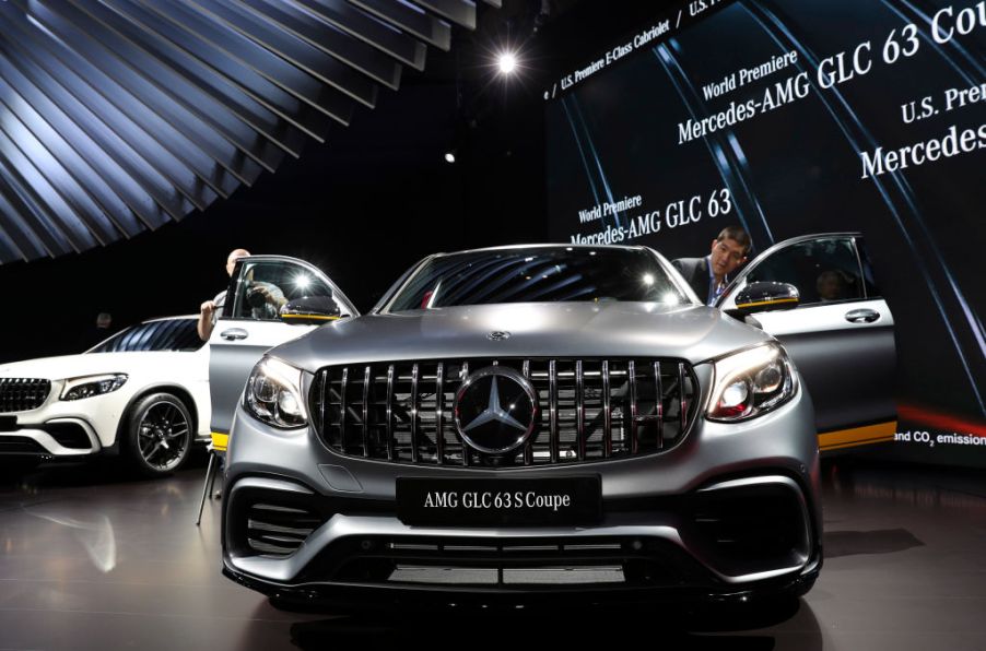 A Mercedes-AMG GLC63 Coupe is seen during the media preview of the New York International Auto Show (NYIAS) in New York