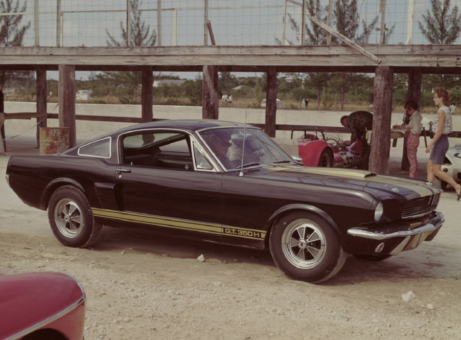 Black-with-gold-stripes 1966 Ford Shelby GT350H Mustang, parked with radio antenna extended