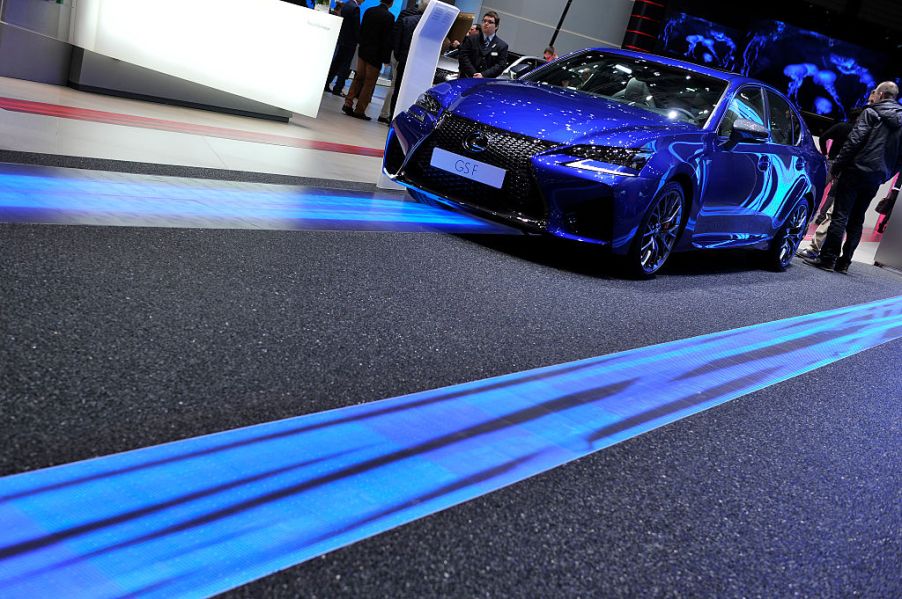 A Lexus GS F is displayed during the Geneva Motor Show