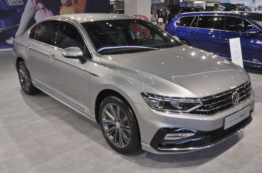 A Volkswagen Passat is seen during the Vienna Car Show press preview at Messe Wien