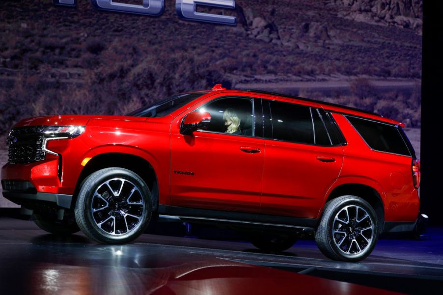 The new 2021 Chevrolet Tahoe is driven on stage at its reveal by General Motors at Little Caesars Arena