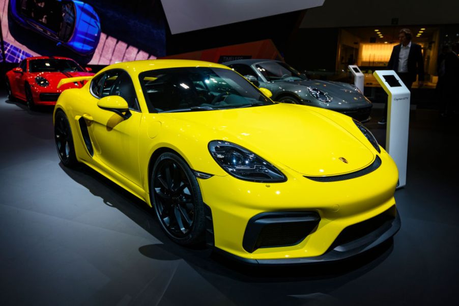 Porsche 718 Cayman GT4 sports car on display at Brussels Expo