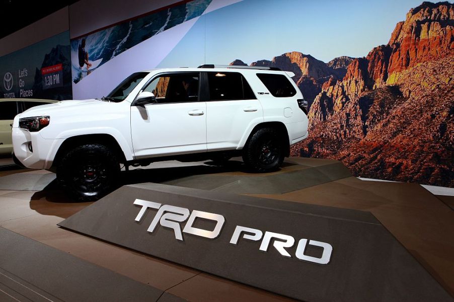 A white Toyota 4Runner TRD Pro on display at an auto show