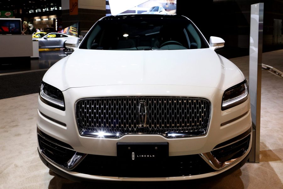 The front of a white 2020 Lincoln Nautilus