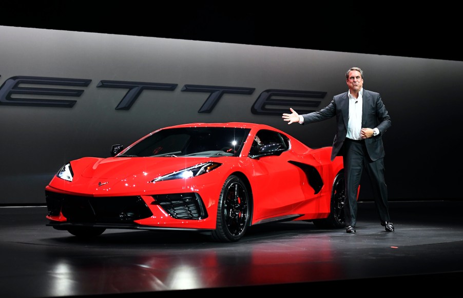 Mark Reuss, president of General Motors Company, unveils the 2020 Chevy C8 Corvette Stingray