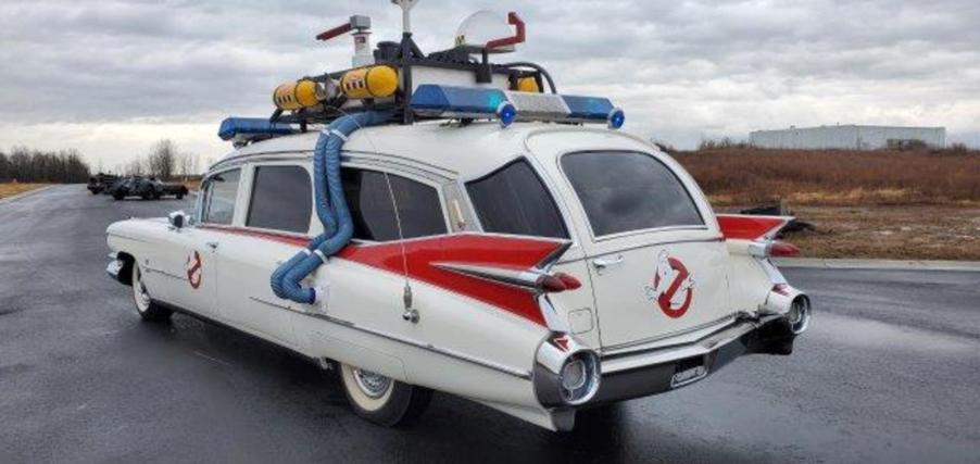 The driver's side rear of an Ecto-1 movie car replica.