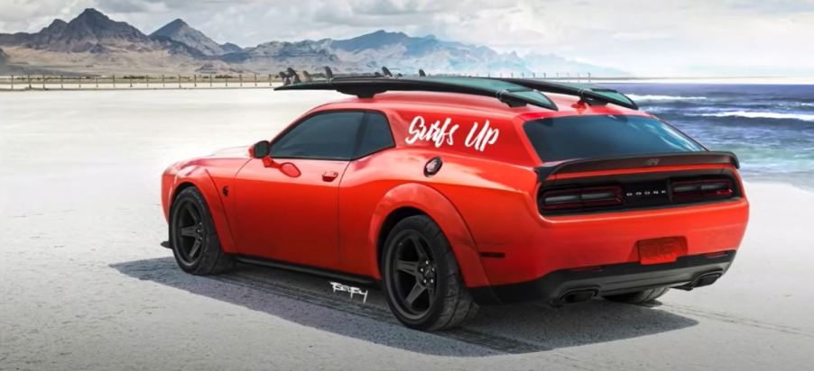 A red Dodge Challenger with surfboards on top is rendered as a two-door shooting brake concept on a beach.