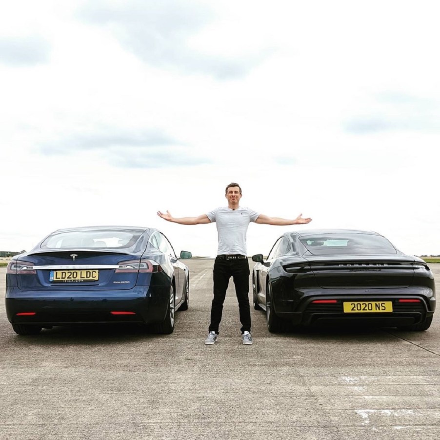 A blue 2020 Tesla Model S Performance Cheetah Mode vs. a black 2020 Porsche Taycan Turbo S