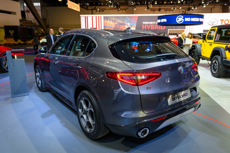 Alfa Romeo Stelvio Quadrifoglio front engine, all wheel drive, five door, compact luxury crossover SUV on display at Brussels Expo