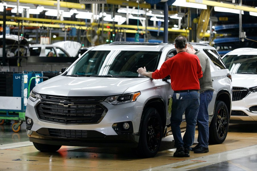 The three millionth vehicle produced at at the General Motors Lansing Delta Township Assembly Plant, a 2020 Chevrolet Traverse Redline Edition, waits to roll off the assembly line