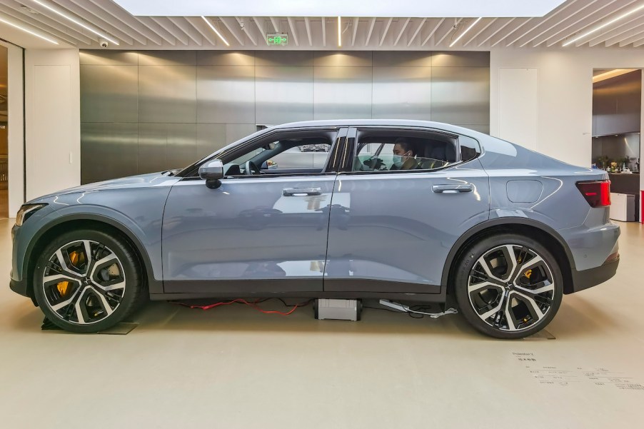 A Polestar 2 electric vehicle on display at the Polestar Flagship Store