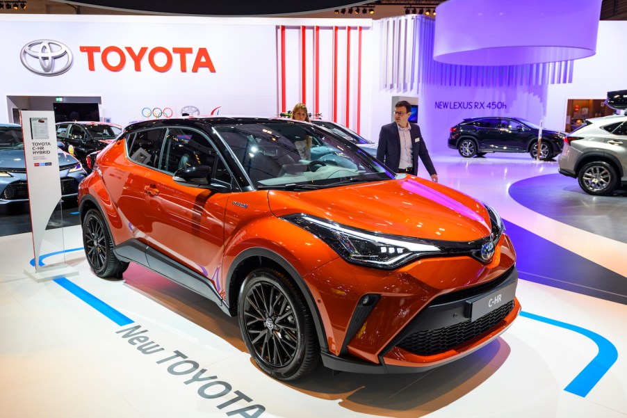 Toyota C-HR Hybrid compact crossover SUV, rival to the Honda HR-V, on display at Brussels Expo