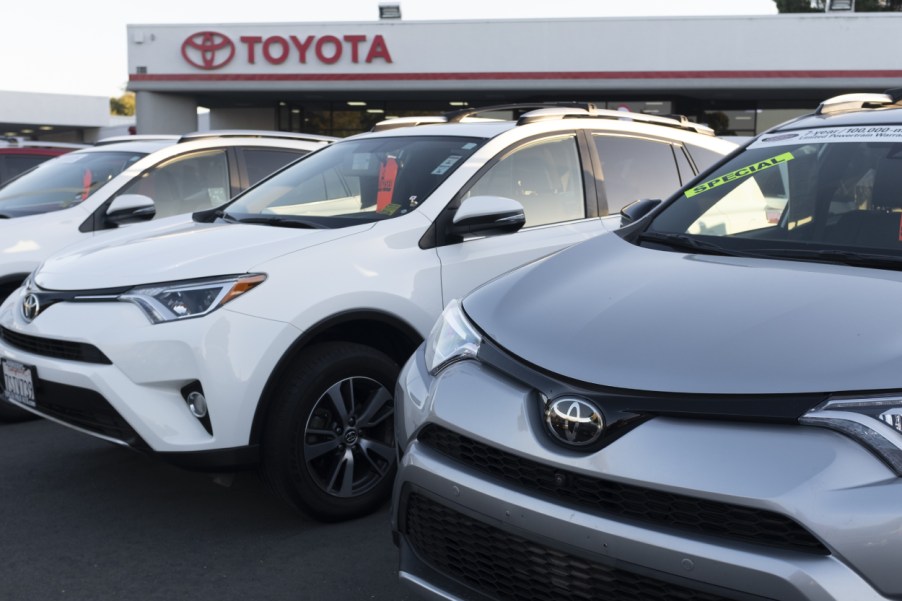 Toyota SUVs on display at a car dealership