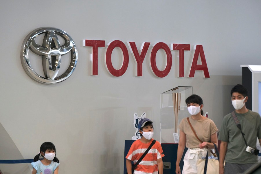 The logo of Japan's Toyota Motor is displayed at the company's car showroom in Tokyo