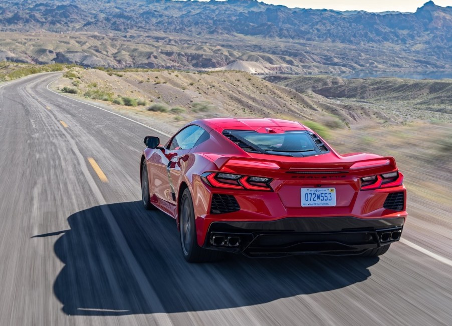 Chevy Corvette at speed on a remote two lane highway