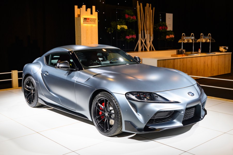 Toyota GR Supra sports car on display at Brussels Expo