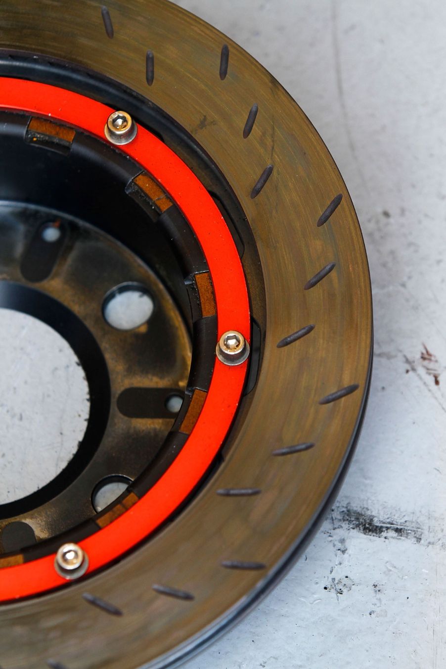 A NASCAR slotted brake rotor