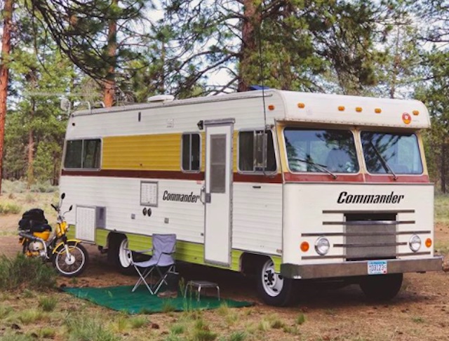 the Mander, Jessy's vintage RV set up in the woods for some time spent in nature