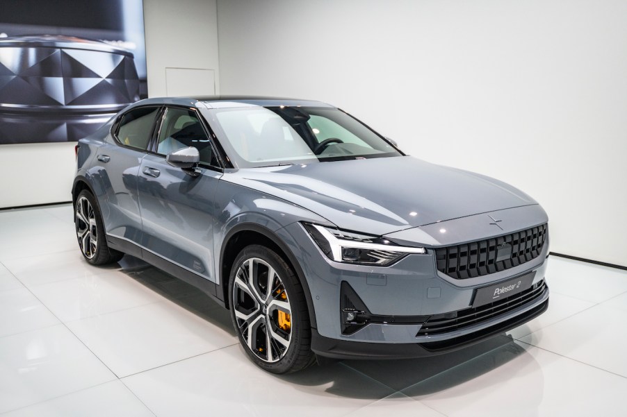 Polestar 2 all-electric 5-door fastback car in grey on display at Brussels Expo