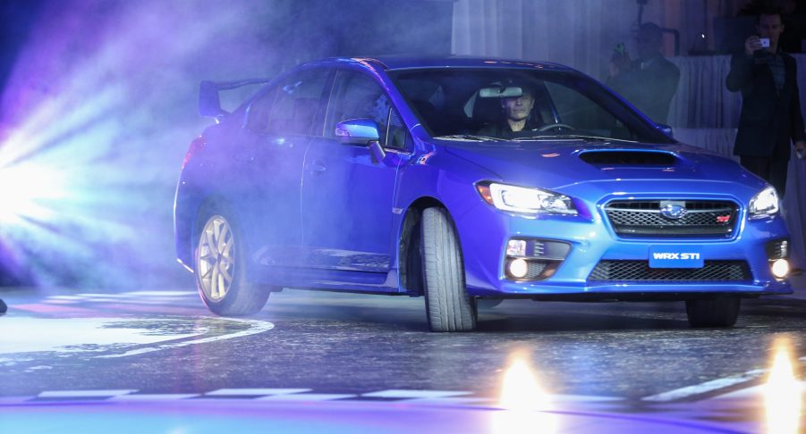 A Subaru WRX STI on display at an auto show