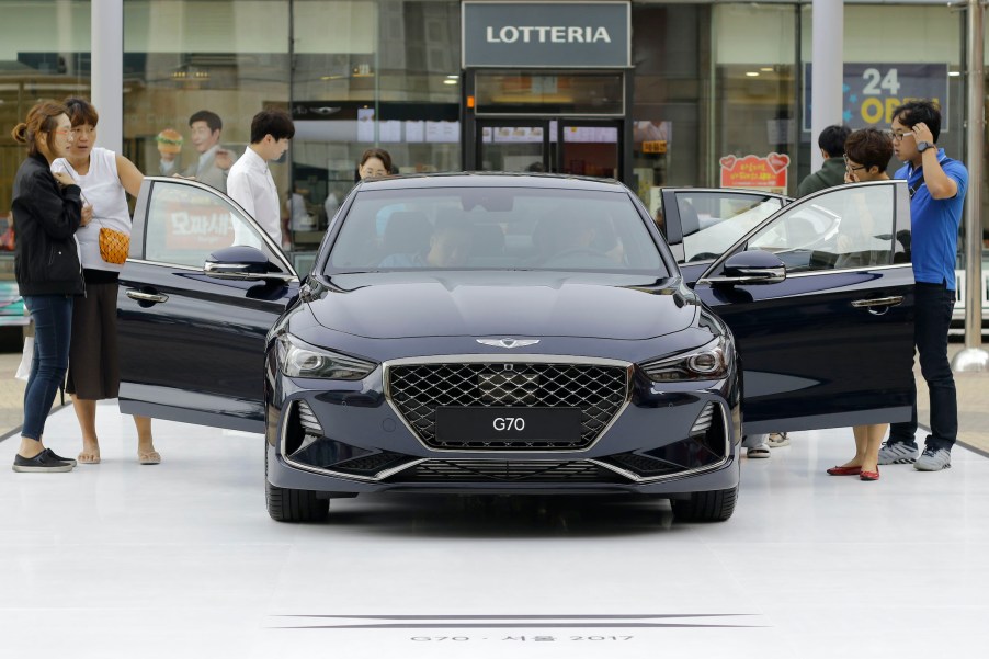 HMC New Sports Sedan G70 Unveil scene at open square in Ulsan, South Korea. Hyundai Motor will launch its first midsize sports sedan under the Genesis brand