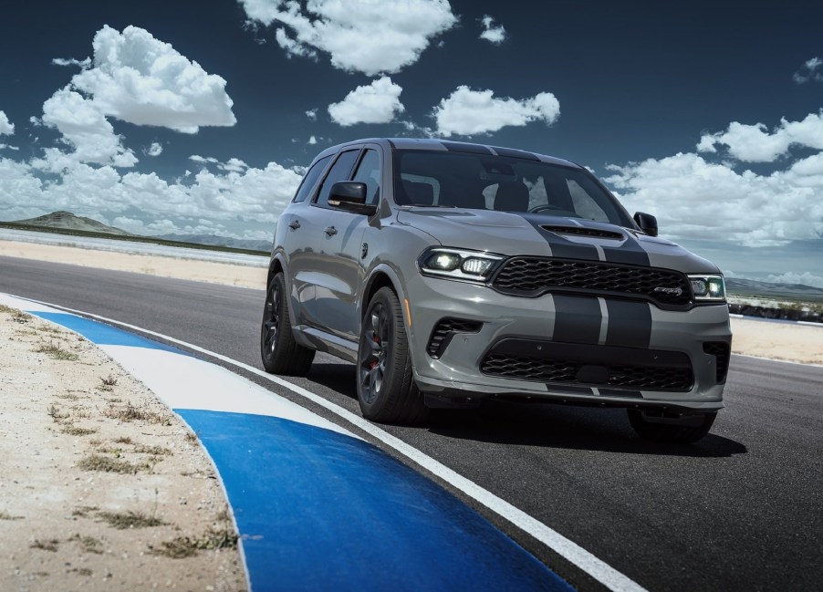 A gray-and-black 2021 Dodge Durango SRT Hellcat on a racetrack