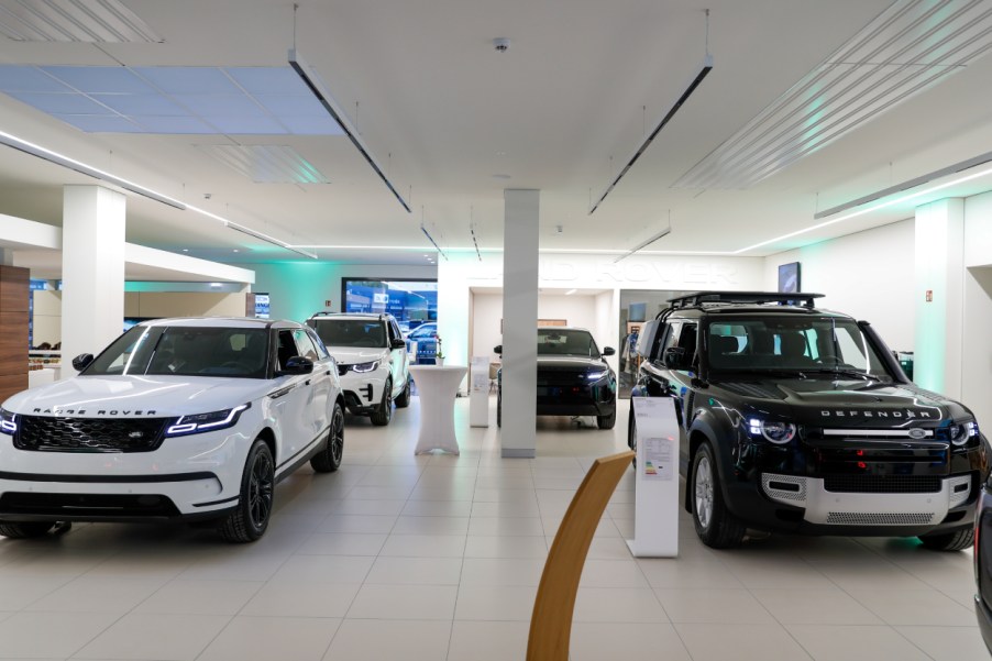 A Land Rover showroom with SUVs on display