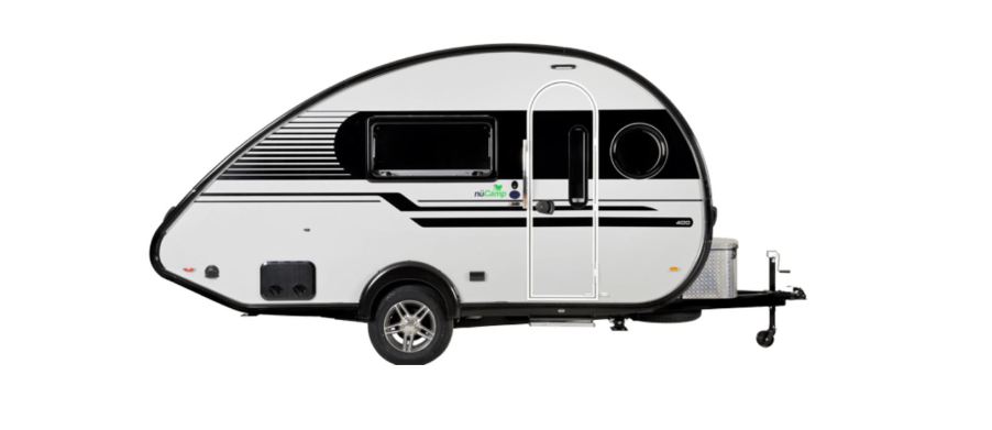 A white teardrop RV from NuCamp RV