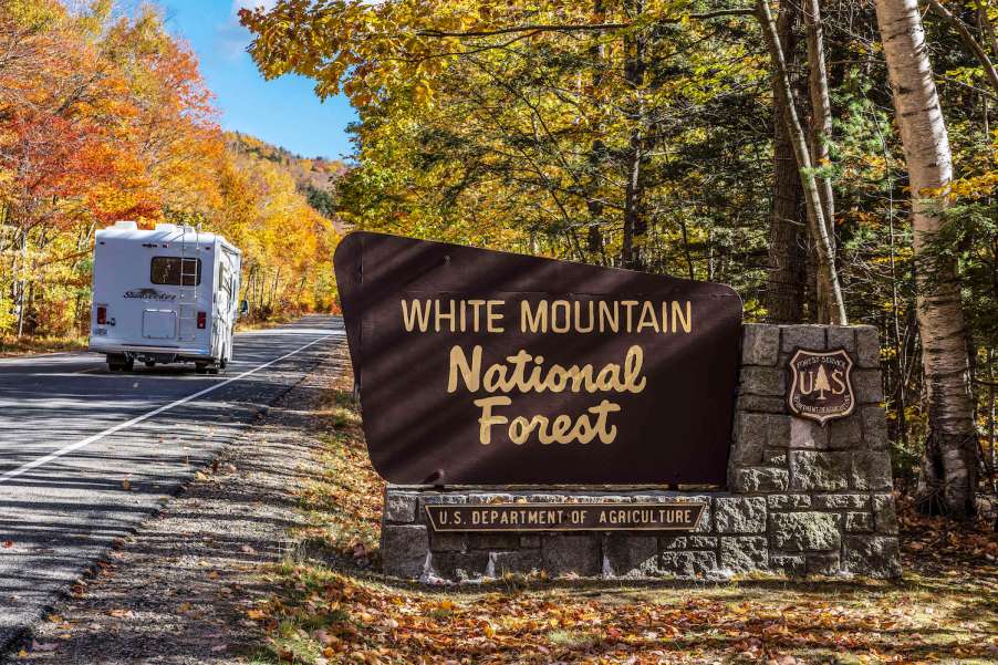 An RV driving through a national park