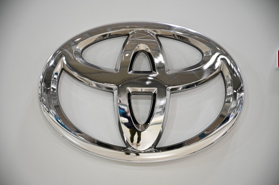 A logo of Toyota is pictured at the companys showroom in Tokyo