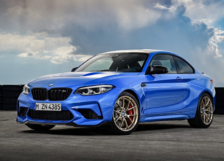 A blue 2021 BMW M2 CS on a racetrack