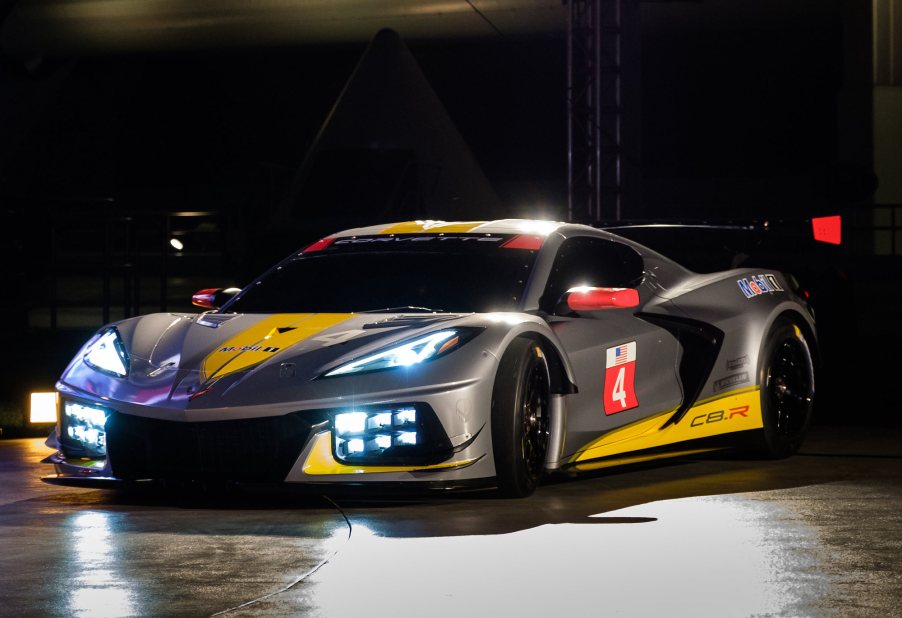 Chevrolet's first mid-engine GTLM race car, the Corvette C8.R, makes a surprise debut Wednesday, October 2, 2019, at the Kennedy Space Center in Cape Canaveral, Florida.